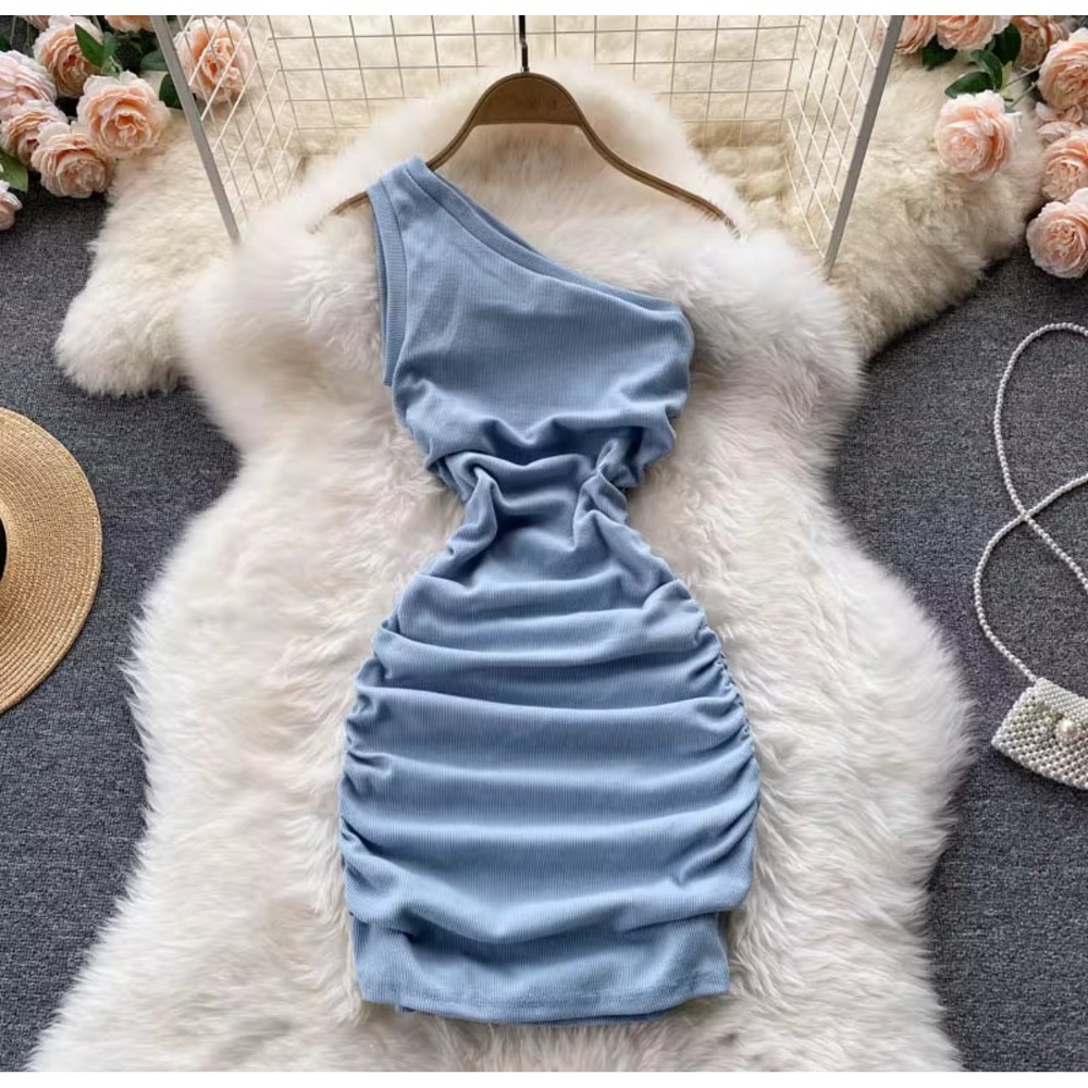 Elegant Blue One-Shoulder Mini Dress